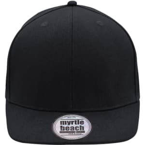 A black six-panel cap with a flat brim and a logo on the front.