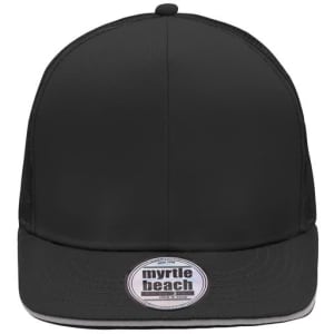 A black six-panel cap with a flat brim, featuring a mesh back and a logo on the front.