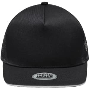 A black five-panel cap with a mesh design on the sides and a logo on the front.