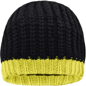 A black and yellow knitted beanie with a ribbed pattern and a fold-over brim. The hat features a logo.
