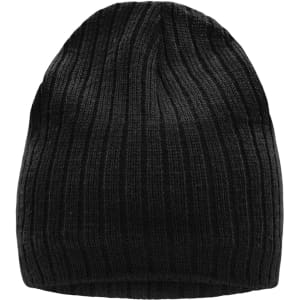 A knitted hat in black with a ribbed texture, featuring a logo on the side.