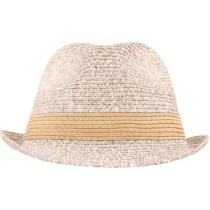A light beige Melange Hat featuring a brown band, with a classic fedora shape and a woven texture.