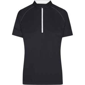 A black ladies' half zip top with short sleeves and a contrasting white zipper, featuring a branding logo.