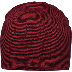 A casual long beanie in a red and black striped pattern, featuring a logo on the side.