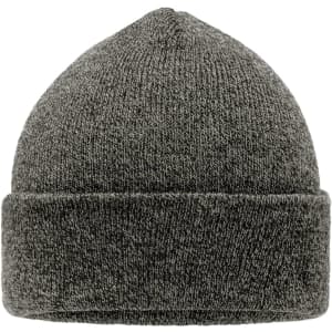 A grey beanie featuring a cuffed design, made of a soft knit material, with a simple logo on the side.