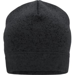 A black knitted fleece beanie featuring a snug fit and a subtle texture. Includes a logo on the side.
