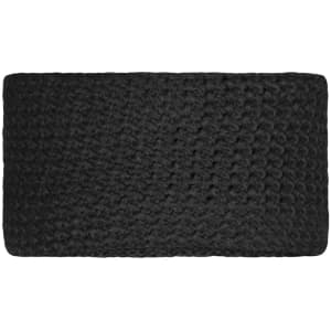 A fine crocheted headband in solid black, with a textured design. It features a logo on the side.