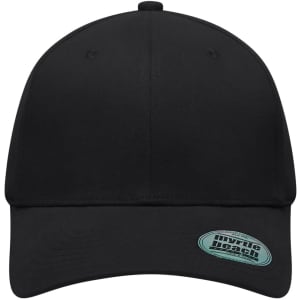 A black 6-panel elastic fit baseball cap featuring a logo on the side.