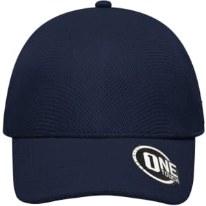 A navy blue cap with a textured finish and a logo on the side.