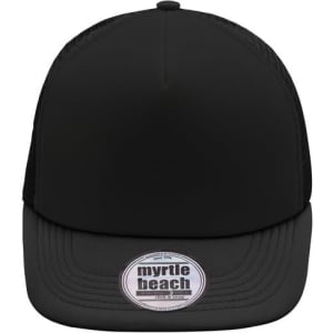 A 5-panel flat peak cap in black with a mesh back and a round logo on the front.