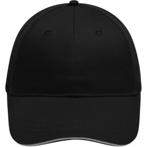A black 6 panel brushed sandwich cap with a curved brim and a logo on the front.