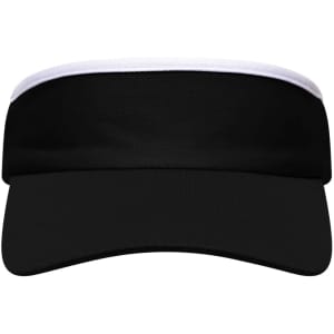 A black sport sunvisor with a white band around the top and a curved brim. It features a logo on the front.