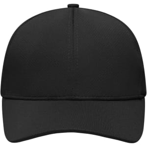A black 6 panel sport mesh cap featuring a curved brim and an adjustable strap at the back.