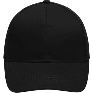 A black 6 panel air mesh cap with a curved brim and an adjustable strap at the back. It features a logo.