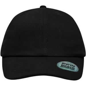 A black 6 panel heavy brushed cap featuring a branded logo on the front.