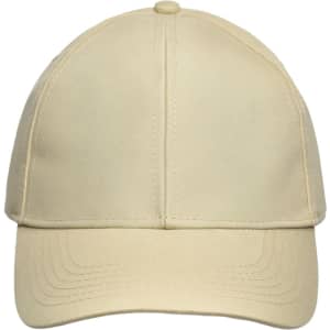 A beige 6-panel cap with a rounded crown and a curved brim, featuring a logo on the front.