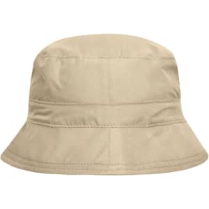 A beige bucket hat featuring a simple design and a logo on the side. Ideal for outdoor activities.