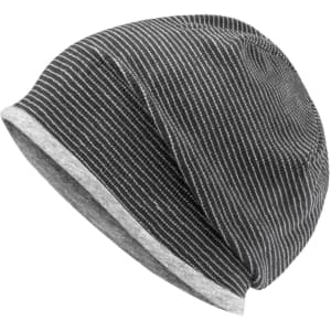 A structured beanie in black with white stripes and a grey cuff, designed for a relaxed fit.
