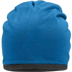 A fleece beanie in bright blue with a black trim along the bottom. It features a soft, gathered design.