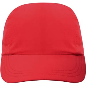A red three-panel cap featuring a curved peak and a logo on the front.
