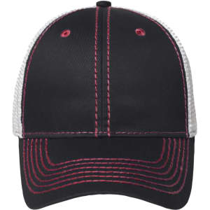 A black 6 panel mesh cap with contrasting pink stitching and a white mesh back. Features a logo on the front.