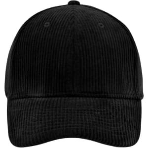 A black corduroy cap with a six-panel design and a front peak, featuring a logo on the front.