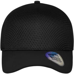 A black seamless mesh cap with a curved brim and a logo on the side.