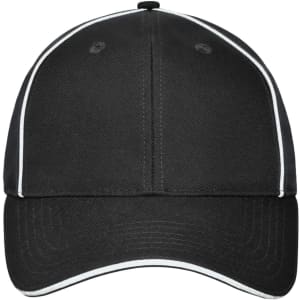 A solid black 6-panel workwear cap featuring contrasting white stitching and a logo on the front.