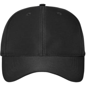 A black 6 panel workwear cap featuring a curved brim and branding on the front.