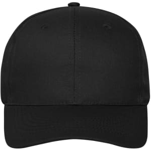 A black 6 panel cap made from bio cotton with a curved brim and a logo on the front.