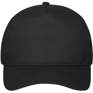 A black 5-panel cap made from bio cotton, featuring a curved peak and a logo on the front.