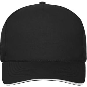 A black 5-panel sandwich cap made from bio cotton, featuring a curved brim and a logo.