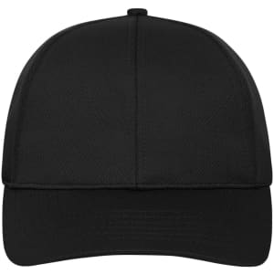 A black 6-panel sports cap featuring a structured design and a logo.