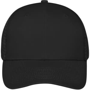 A black 6 panel mesh cap featuring a solid front and mesh side panels. It includes a logo on the front.