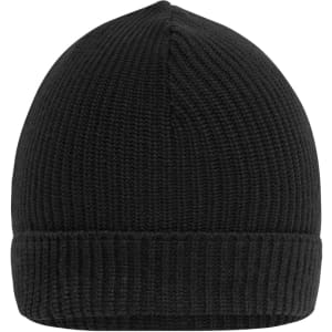 A black beanie made from ribbed fabric, featuring a folded cuff and a branding logo.