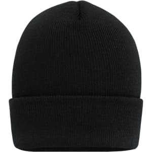 A black high brim beanie with a fold-over cuff and a textured knit design. It features a logo on the side.