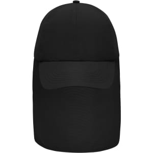 A black 6 panel cap with a neck guard and curved brim, featuring a logo.