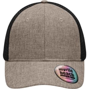 A six-panel melange cap in a tan colour with a black mesh back. It features a brand logo.