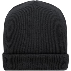A soft knitted winter beanie in black, featuring a folded brim and textured knit pattern.