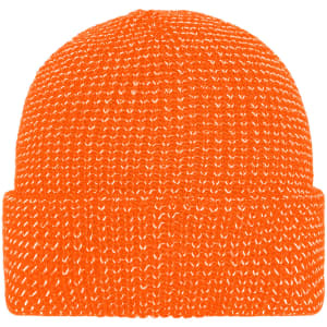 A reflective winter beanie in bright orange with a folded cuff. The design includes a logo on the side.