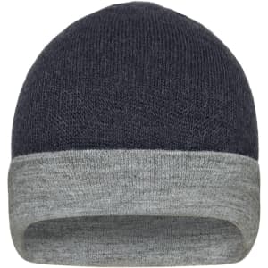 A reversible beanie in dark grey with a light grey cuff, featuring a logo.