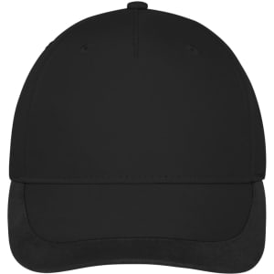 A black 5 panel sports cap with a curved peak and a branding logo on the front.
