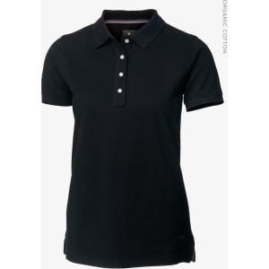 A black polo shirt made from organic cotton, featuring a collar and button placket, with a logo present.