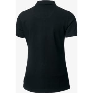 A black polo shirt with a collar and short sleeves, featuring branding on the back.