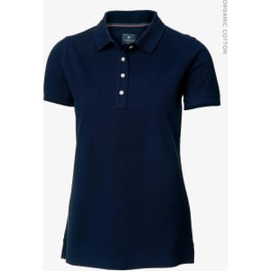 A navy polo shirt made from organic cotton, featuring a collar and button placket, with a logo.