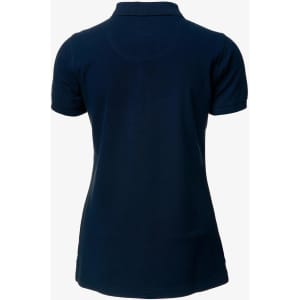 A navy polo shirt with a fitted design and a short sleeve, featuring a logo on the back.
