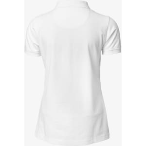 A white women's polo shirt with a classic design and a logo on the back.