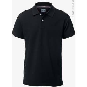 A black polo shirt made from organic cotton, featuring a collar and an emblem on the chest.