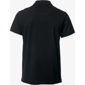 A black polo shirt with a classic design, featuring a collar and short sleeves. It has a logo on the chest.