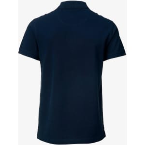 A navy blue polo shirt with a classic collar and short sleeves. The back features a simple design with a logo.